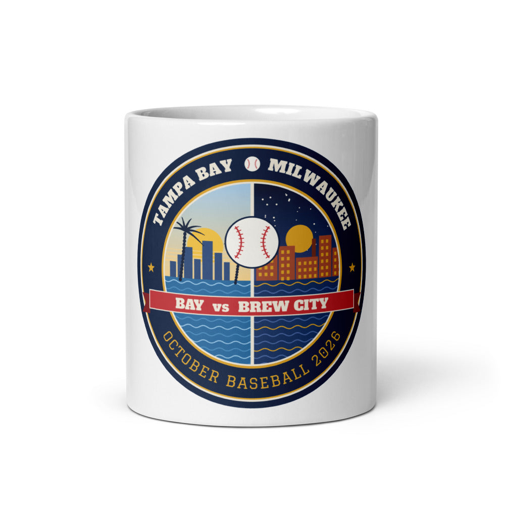 Bay vs Brew City October Baseball Mug, white ceramic, front view