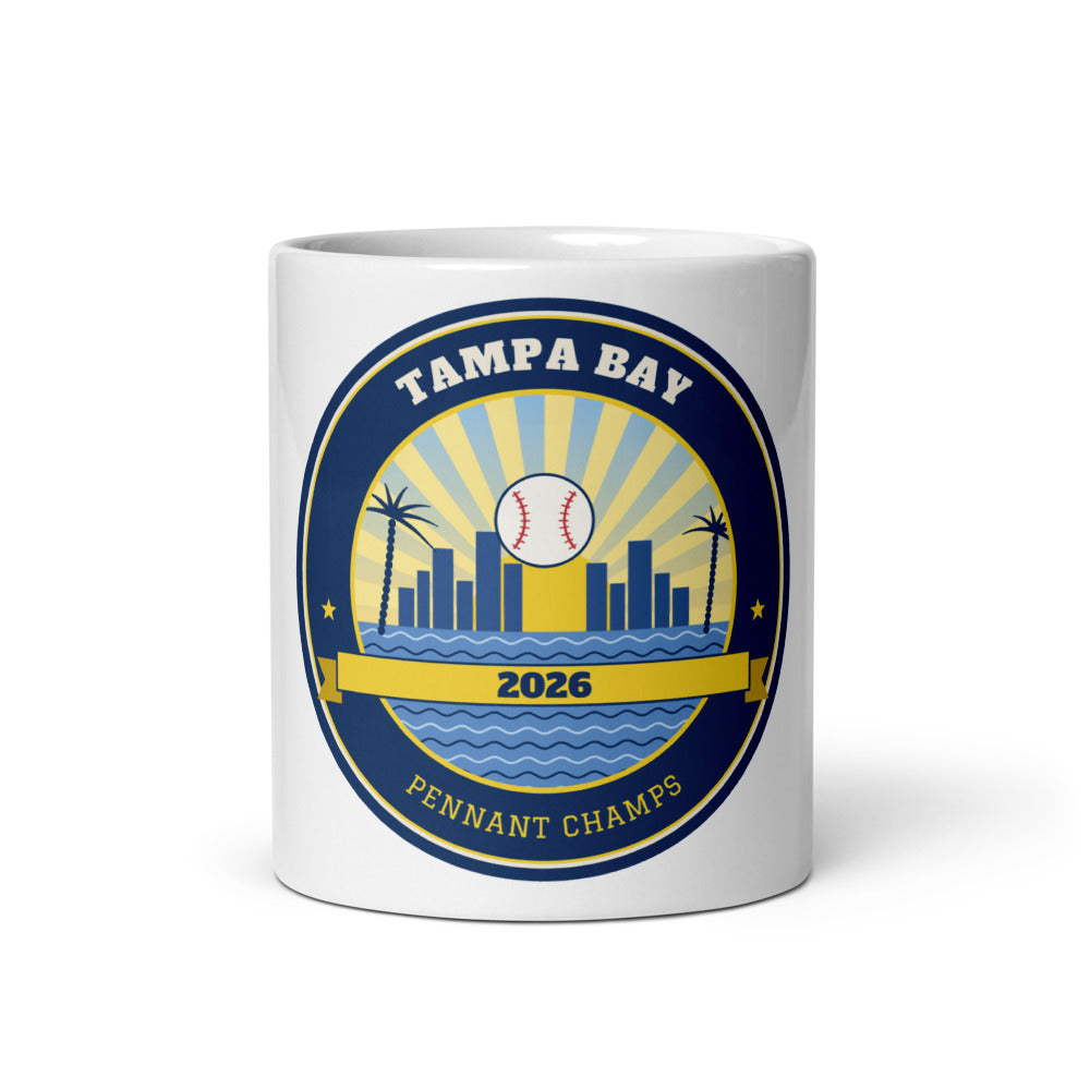 Tampa Bay 2026 Pennant Champs Mug, white ceramic mug with the design printed, front view