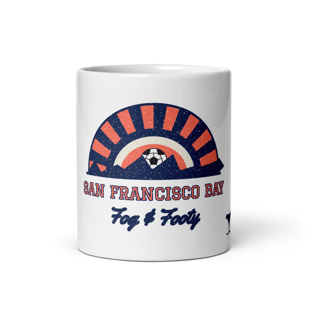 San Francisco Bay Fog & Footy Mug, white ceramic mug with the design printed, front view