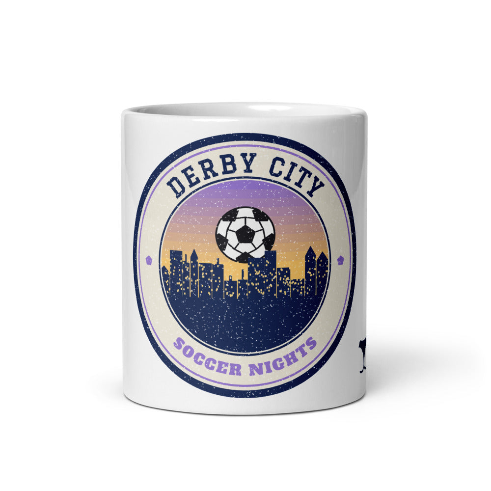 Derby City Soccer Nights Mug, white ceramic mug with the design printed, front view