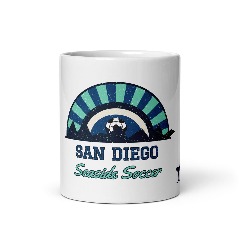 San Diego Seaside Soccer Mug, white ceramic mug with the design printed, front view