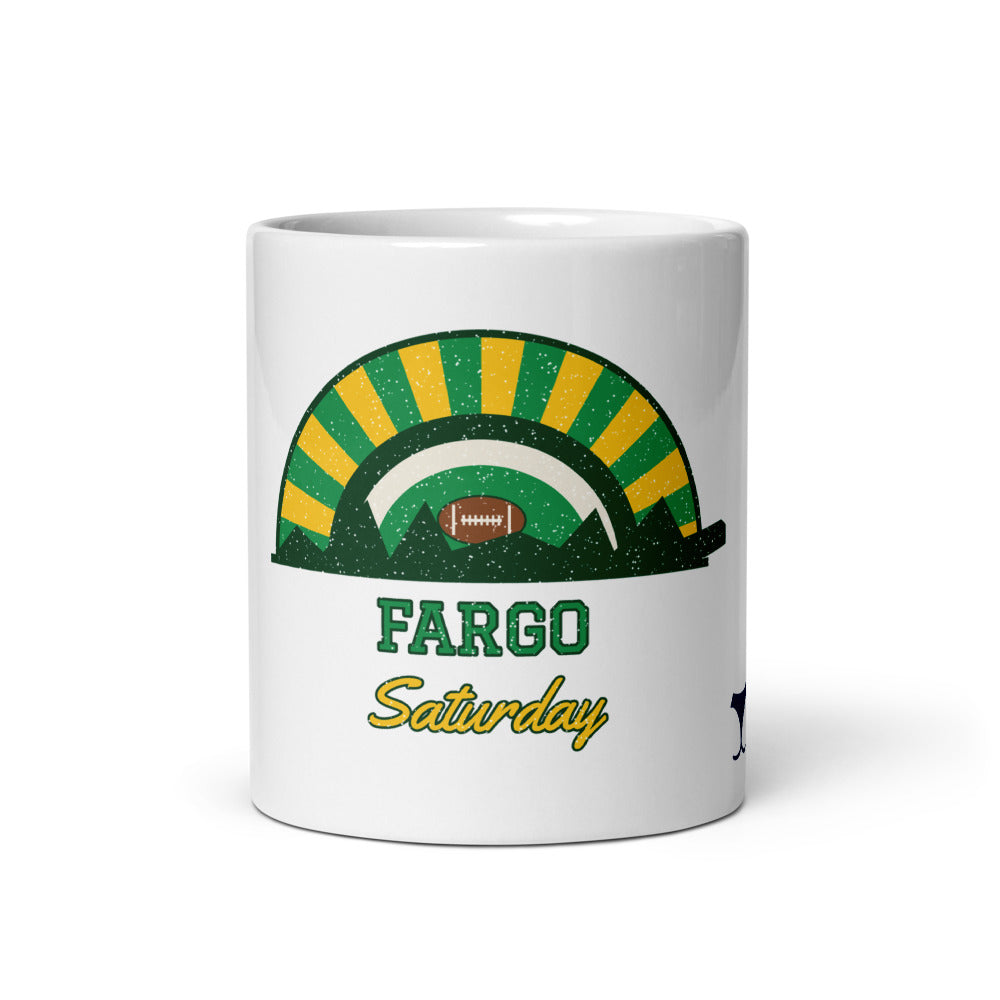 Fargo Saturday Mug, white ceramic mug with the design printed, front view