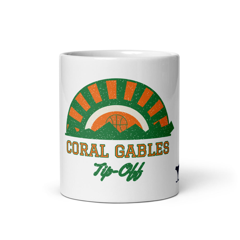 Coral Gables Tip-Off Mug, white ceramic mug with the design printed, front view