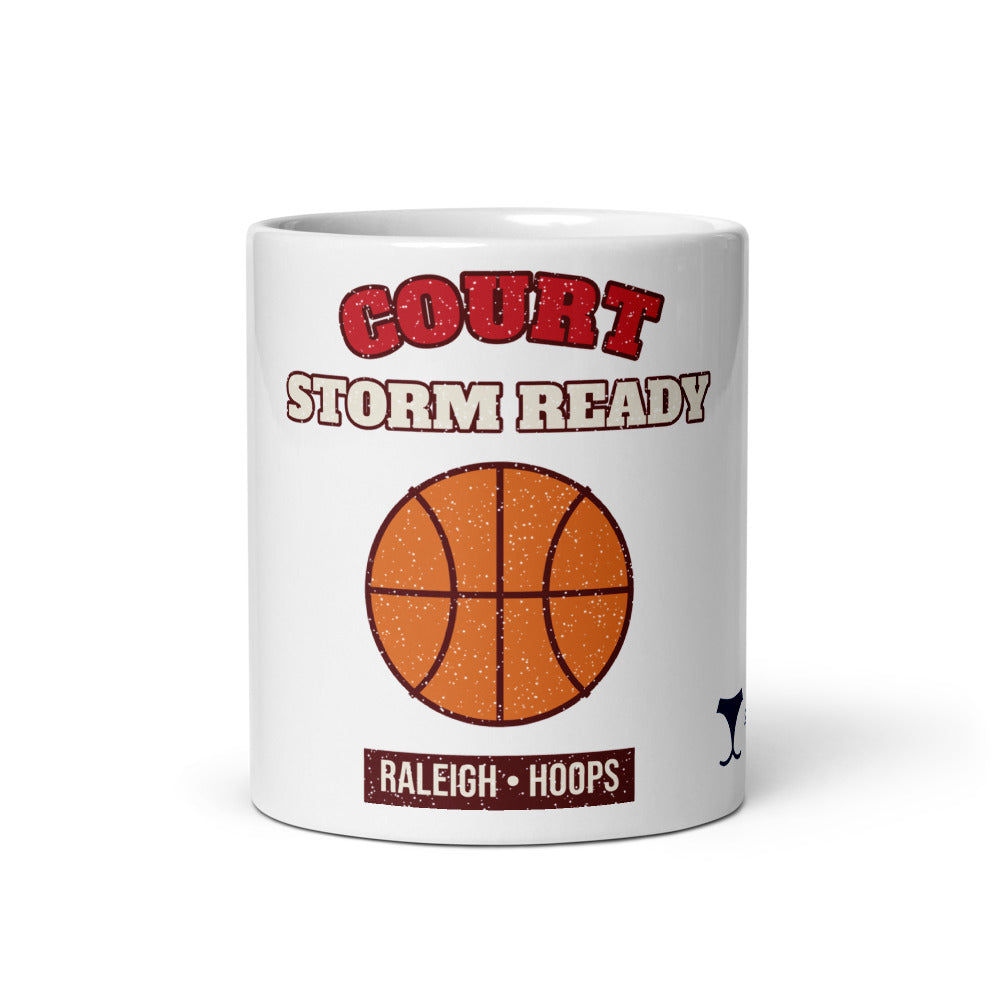 Raleigh Court Storm Ready Mug, white ceramic mug with the design printed, front view