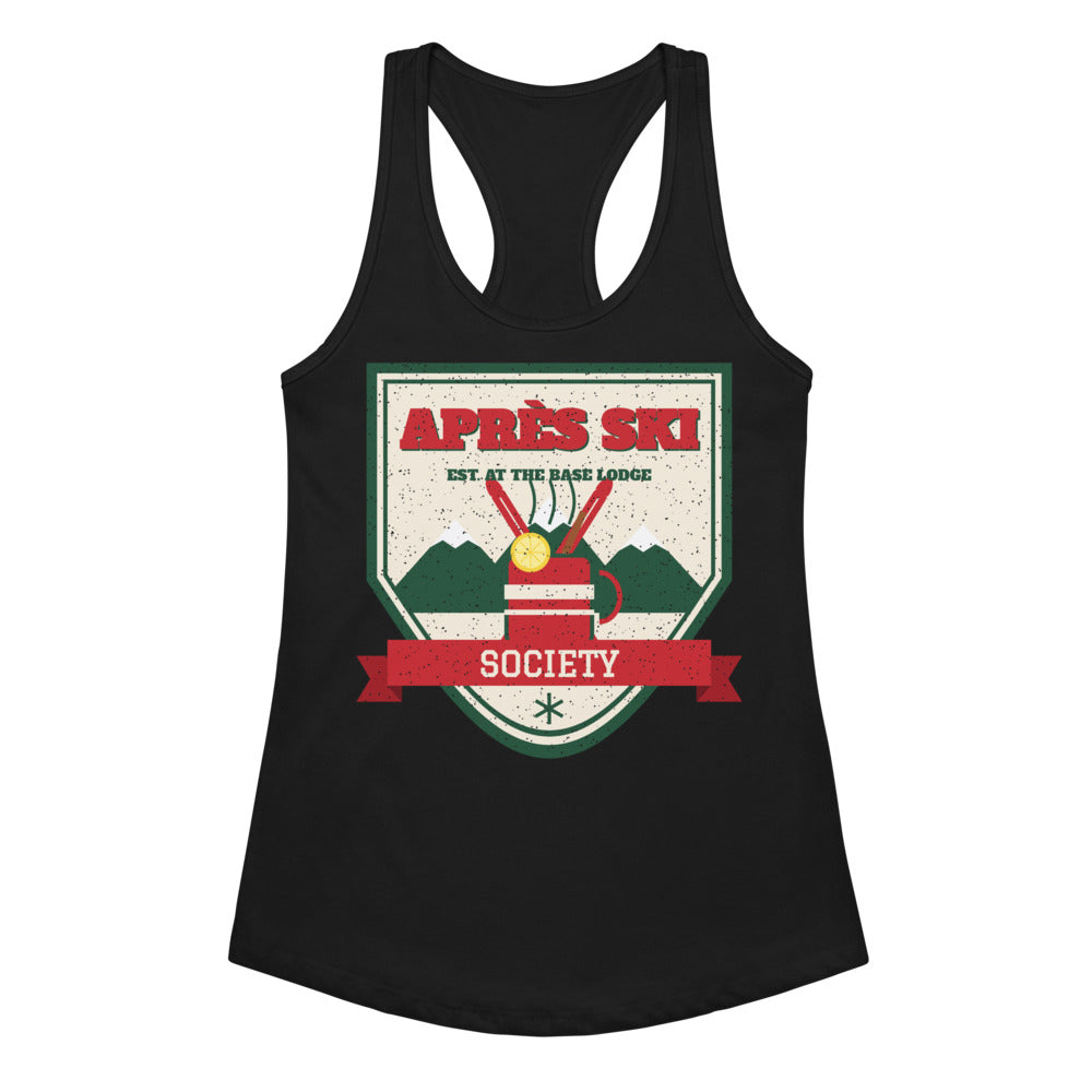 Women's Après Ski Society Racerback Tank in black, front view