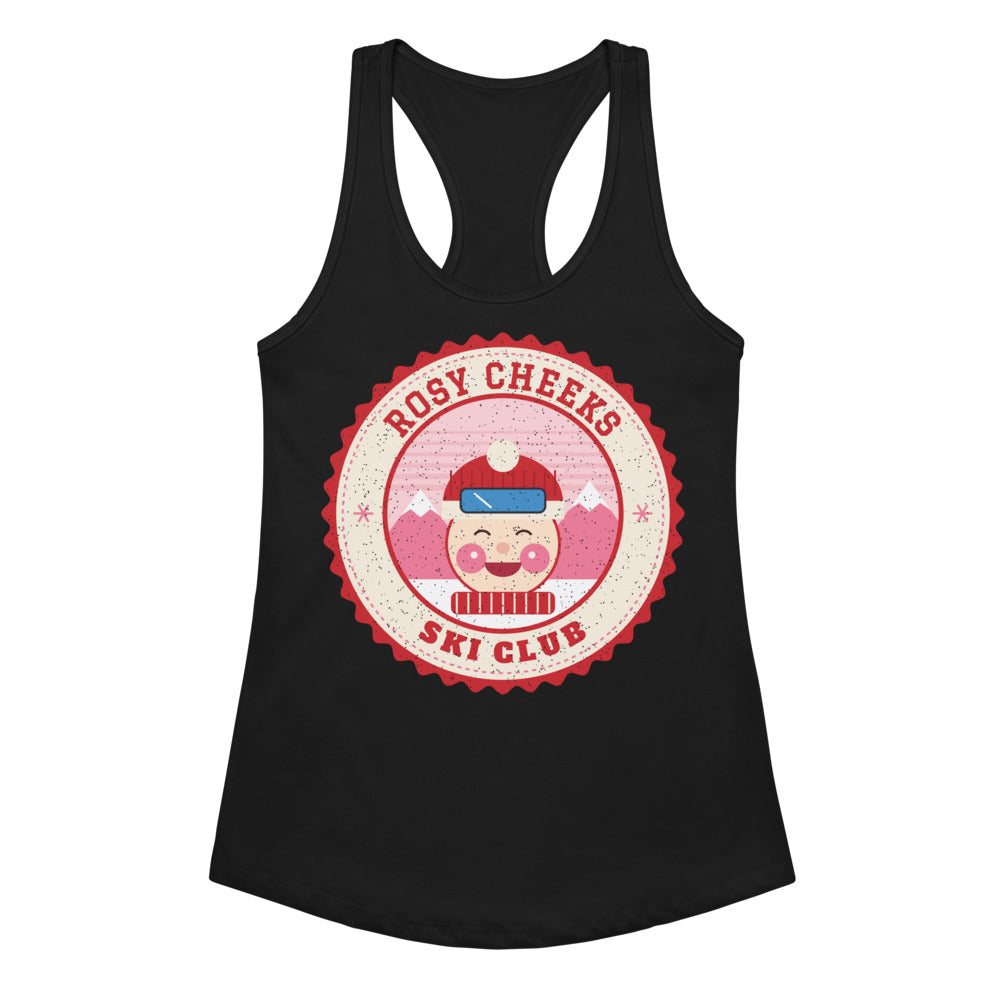 Women's Rosy Cheeks Ski Club Racerback Tank in black, front view