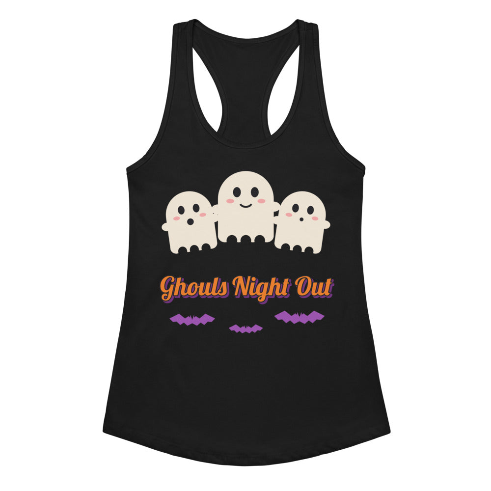 Women's Ghouls Night Out Racerback Tank in black, design printed on the front, front view