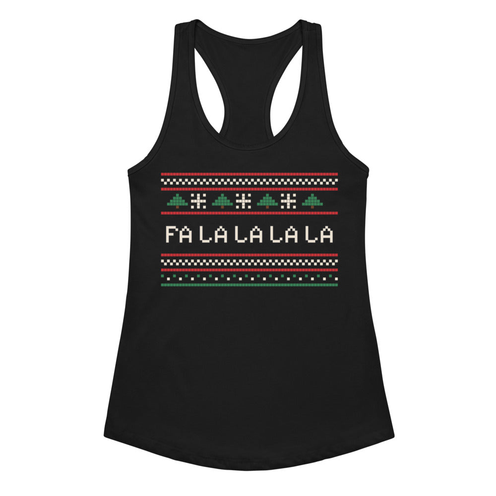 Women's Fa La La Knit Racerback Tank in black, design printed on the front, front view