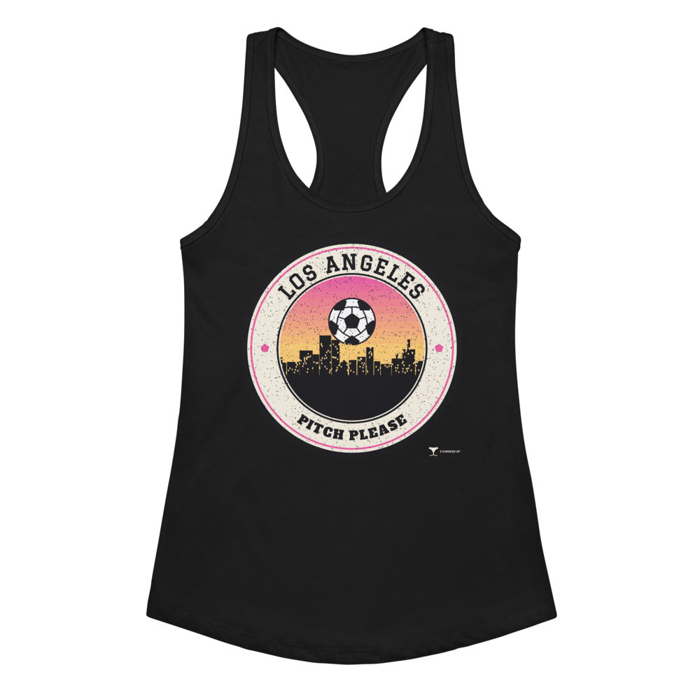 Women's Los Angeles Pitch Please Racerback Tank in black, design printed on the front, front view