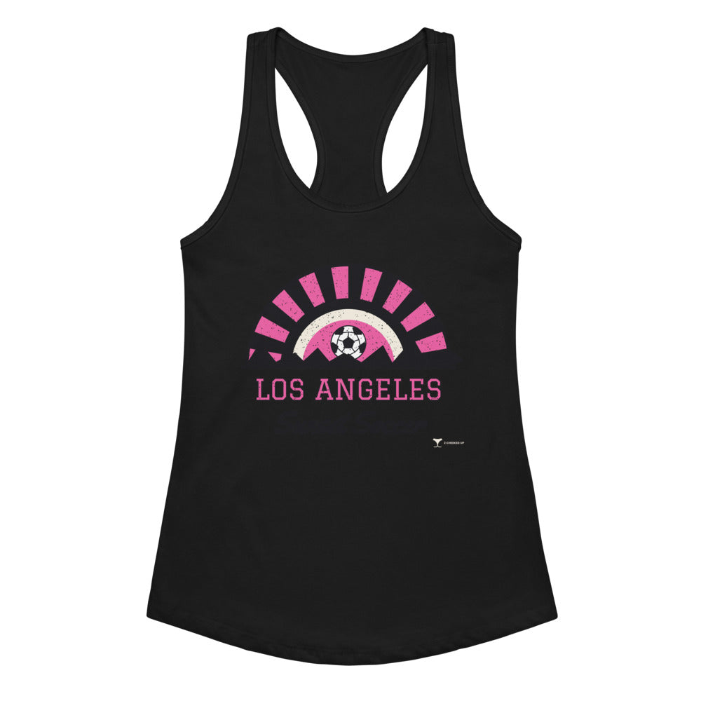 Women's Los Angeles Sunset Soccer Racerback Tank in black, design printed on the front, front view