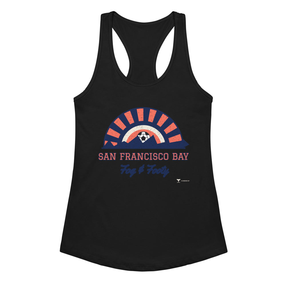 Women's San Francisco Bay Fog & Footy Racerback Tank in black, design printed on the front, front view