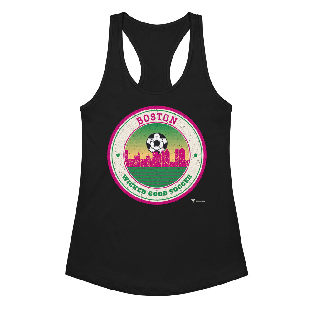 Women's Boston Wicked Good Soccer Racerback Tank in black, design printed on the front, front view