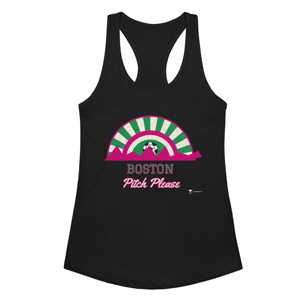 Women's Boston Pitch Please Racerback Tank in black, design printed on the front, front view