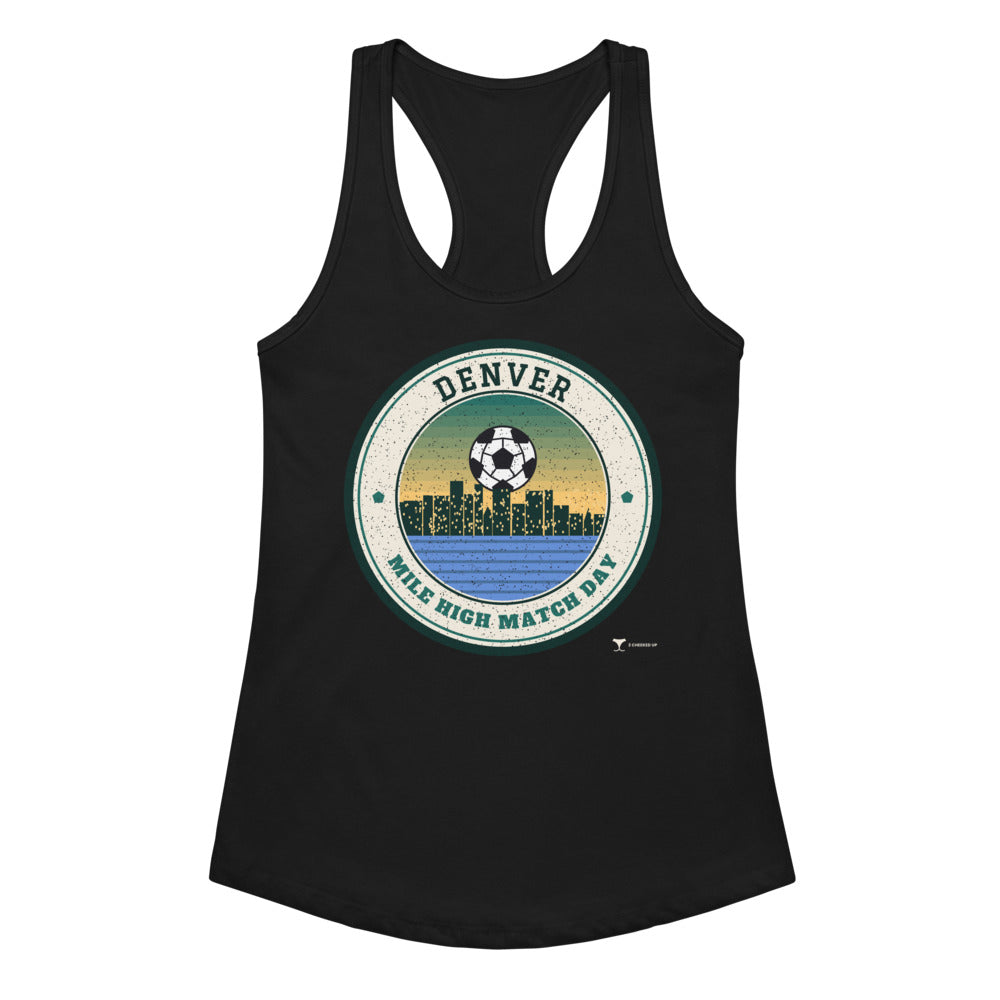 Women's Denver Mile High Match Day Racerback Tank in black, design printed on the front, front view