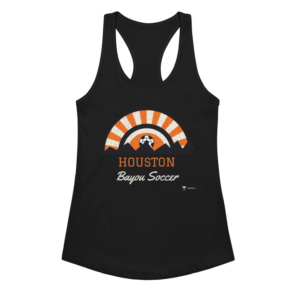 Women's Houston Bayou Soccer Racerback Tank in black, design printed on the front, front view