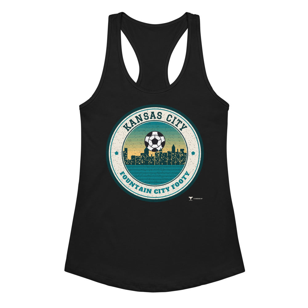 Women's Kansas City Fountain City Footy Racerback Tank in black, design printed on the front, front view