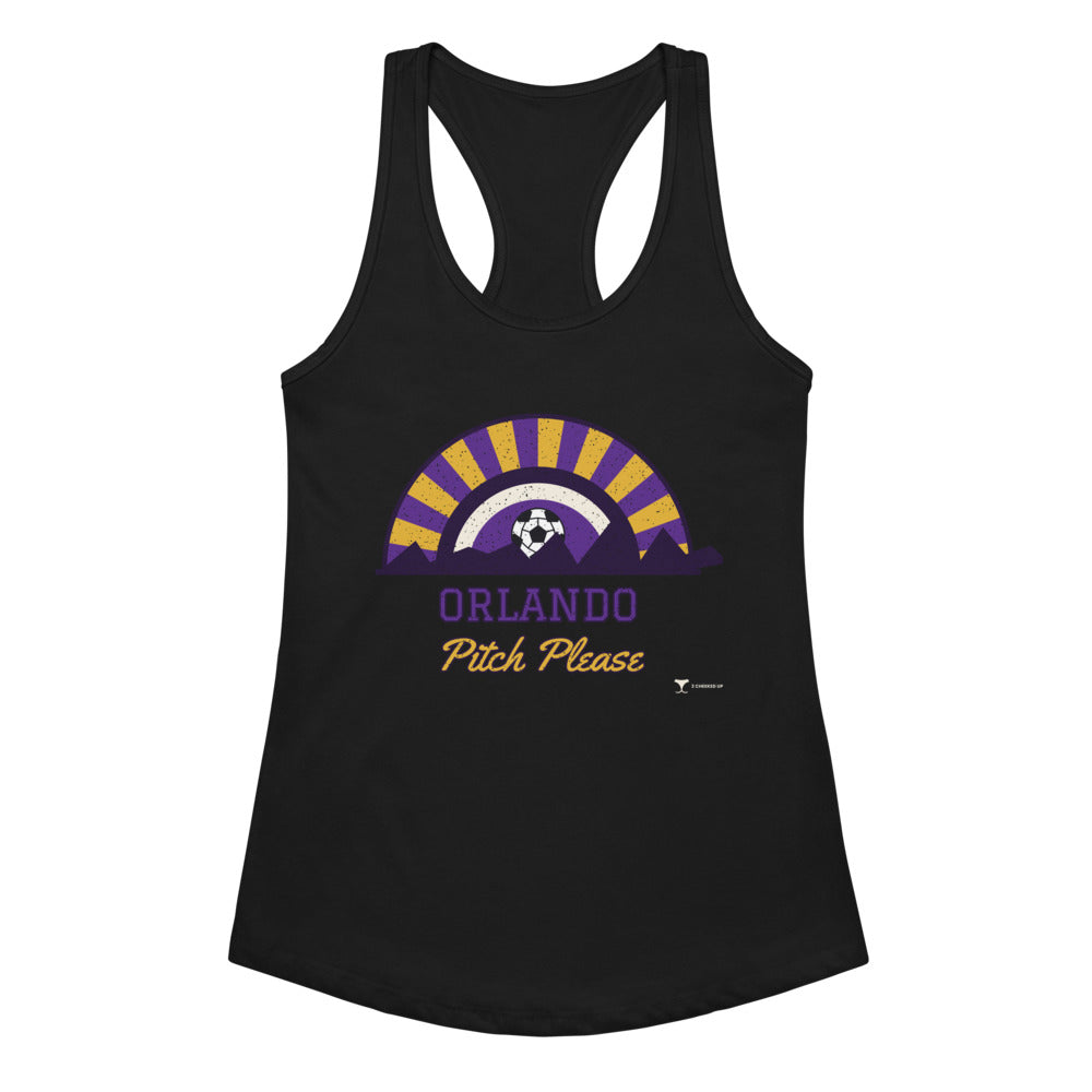 Women's Orlando Pitch Please Racerback Tank in black, design printed on the front, front view