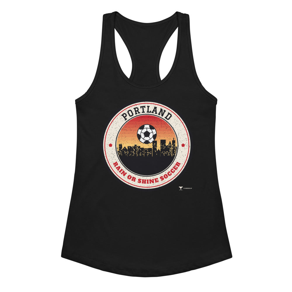 Women's Portland Rain or Shine Soccer Racerback Tank in black, design printed on the front, front view