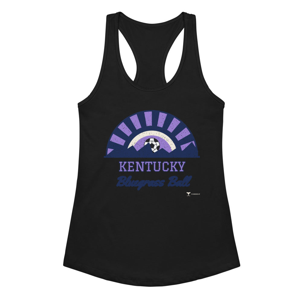 Women's Kentucky Bluegrass Ball Racerback Tank in black, design printed on the front, front view