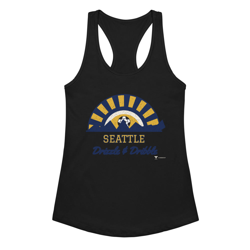 Women's Seattle Drizzle & Dribble Racerback Tank in black, design printed on the front, front view