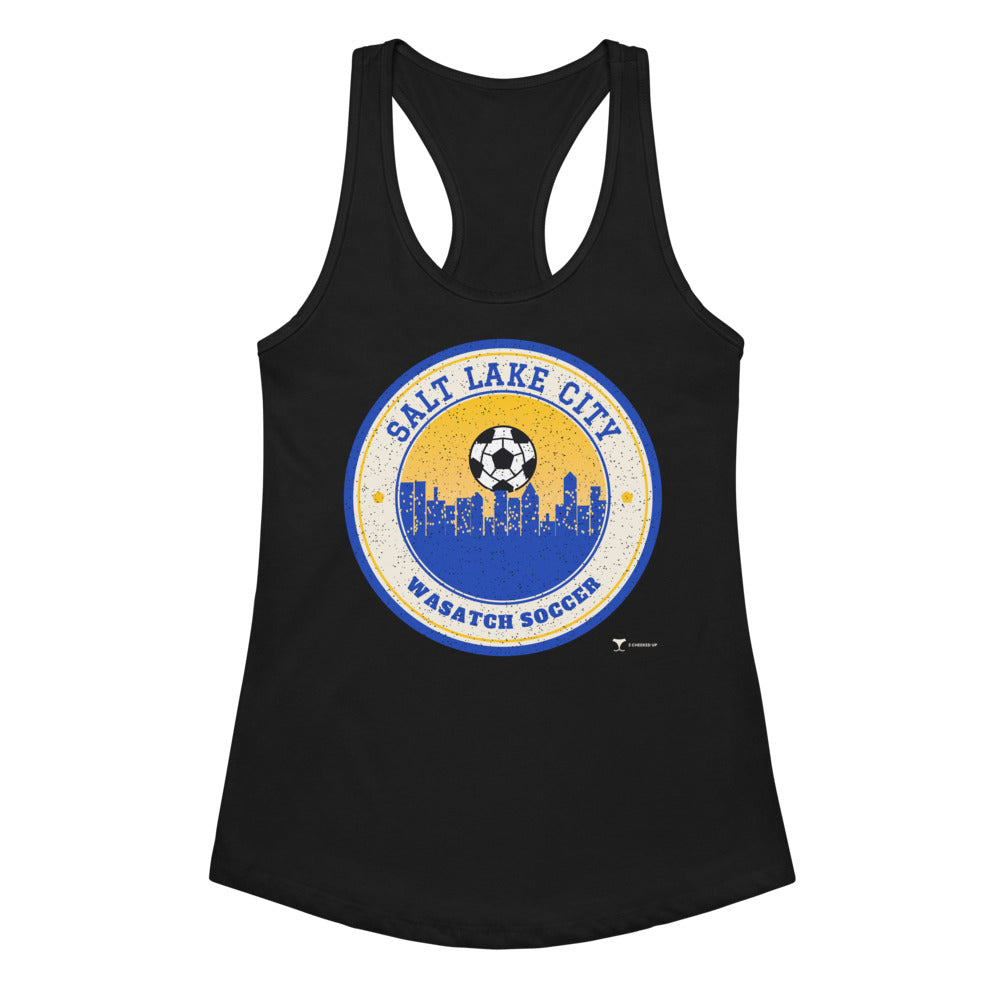 Women's Salt Lake City Wasatch Soccer Racerback Tank in black, design printed on the front, front view
