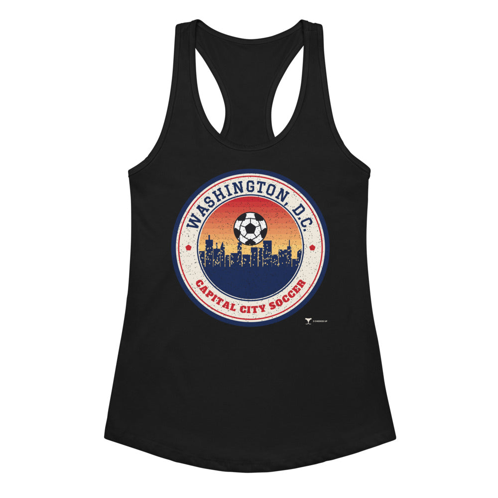 Women's Washington, D.C. Capital City Soccer Racerback Tank in black, design printed on the front, front view