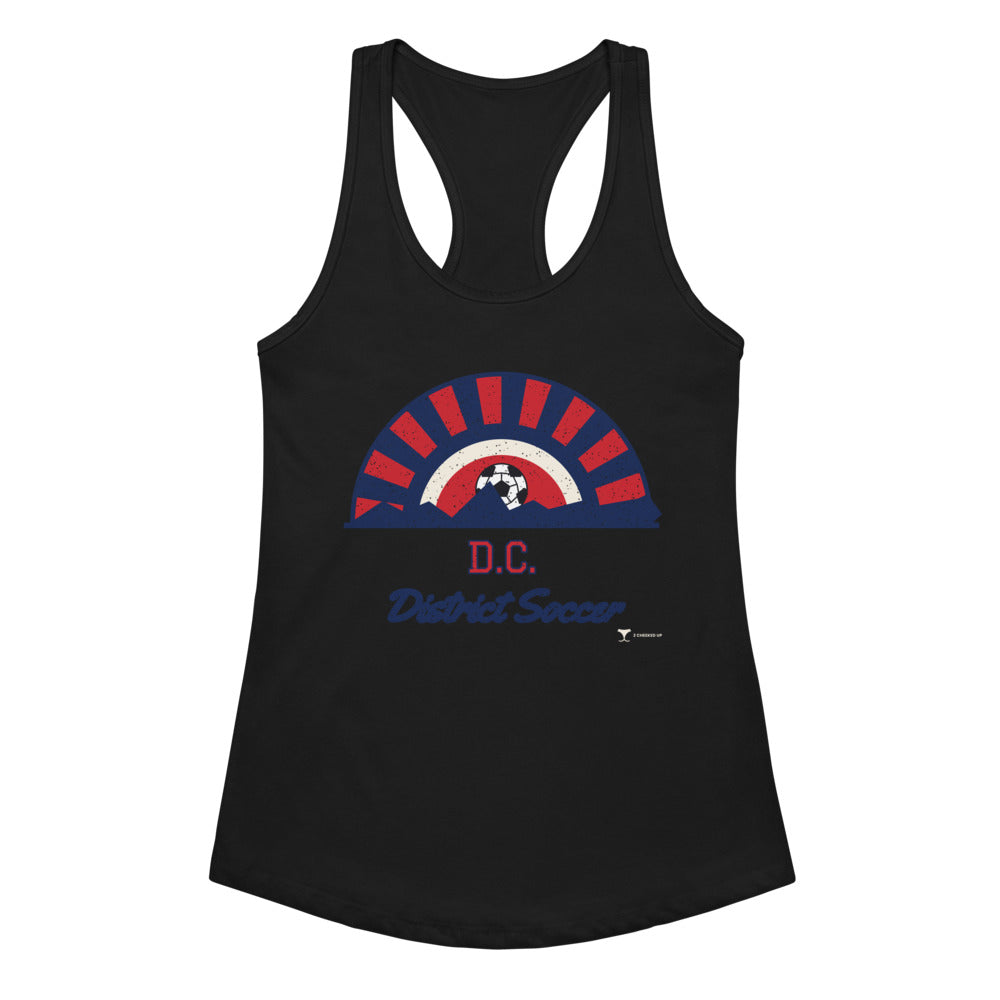 Women's D.C. District Soccer Racerback Tank in black, design printed on the front, front view