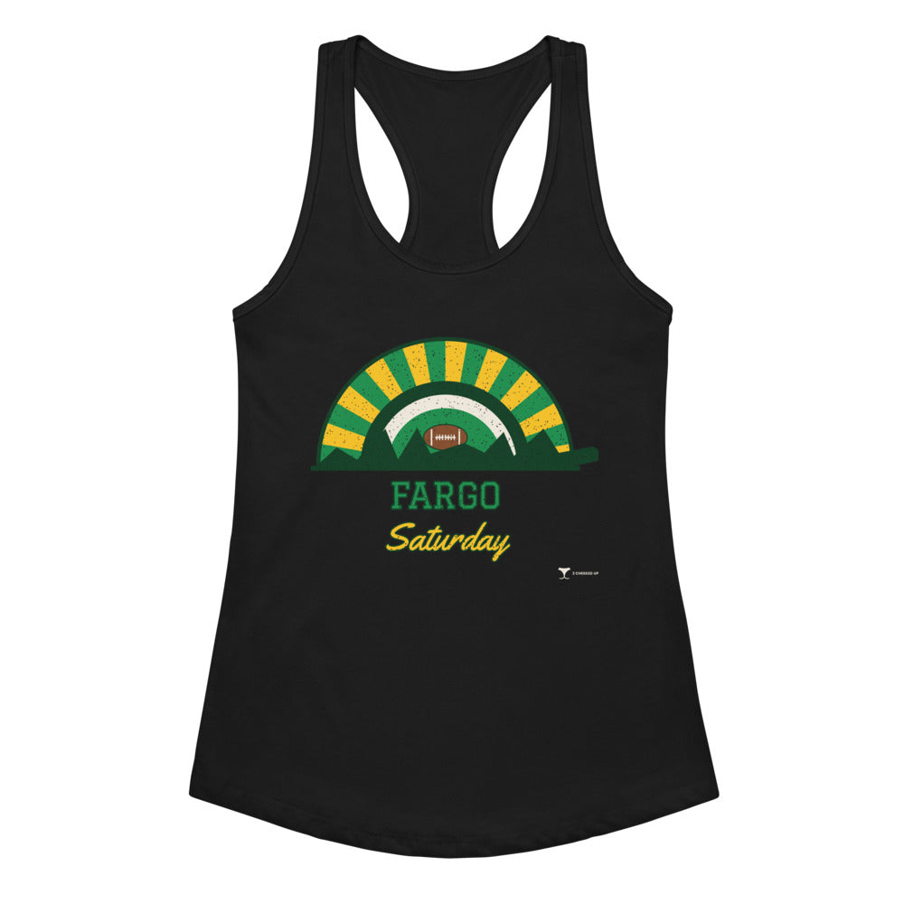 Women's Fargo Saturday Racerback Tank in black, design printed on the front, front view