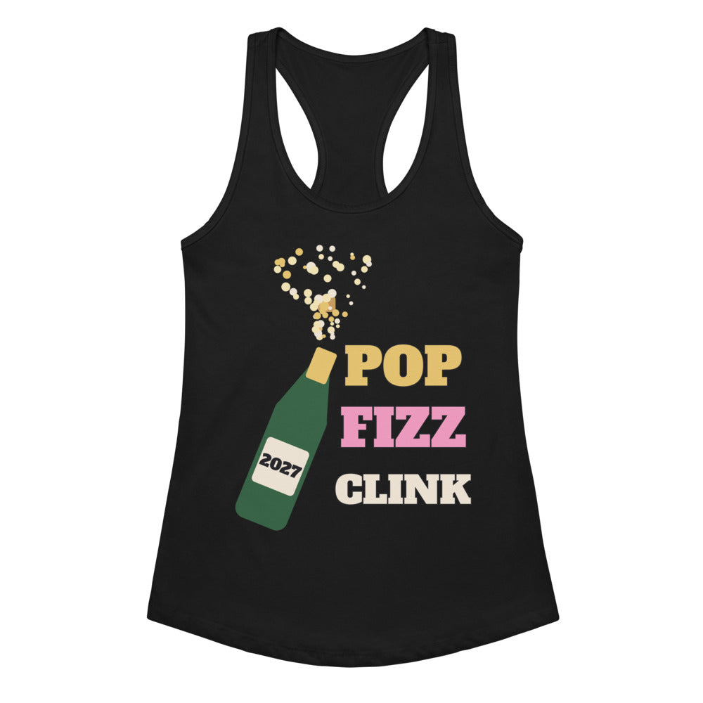 Women's Pop Fizz Clink Racerback Tank in black, design printed on the front, front view