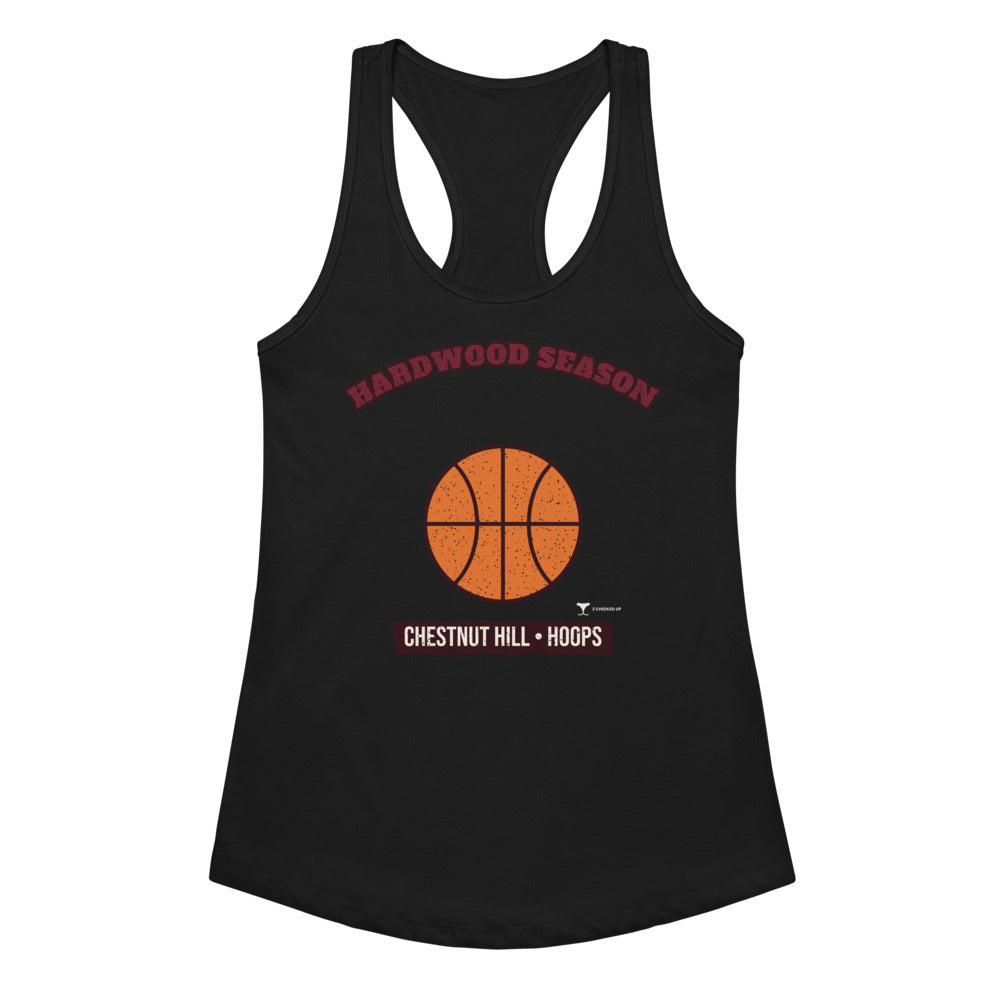 Women's Chestnut Hill Hardwood Season Racerback Tank in black, design printed on the front, front view