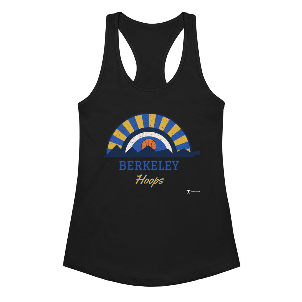 Women's Berkeley Hoops Racerback Tank in black, design printed on the front, front view