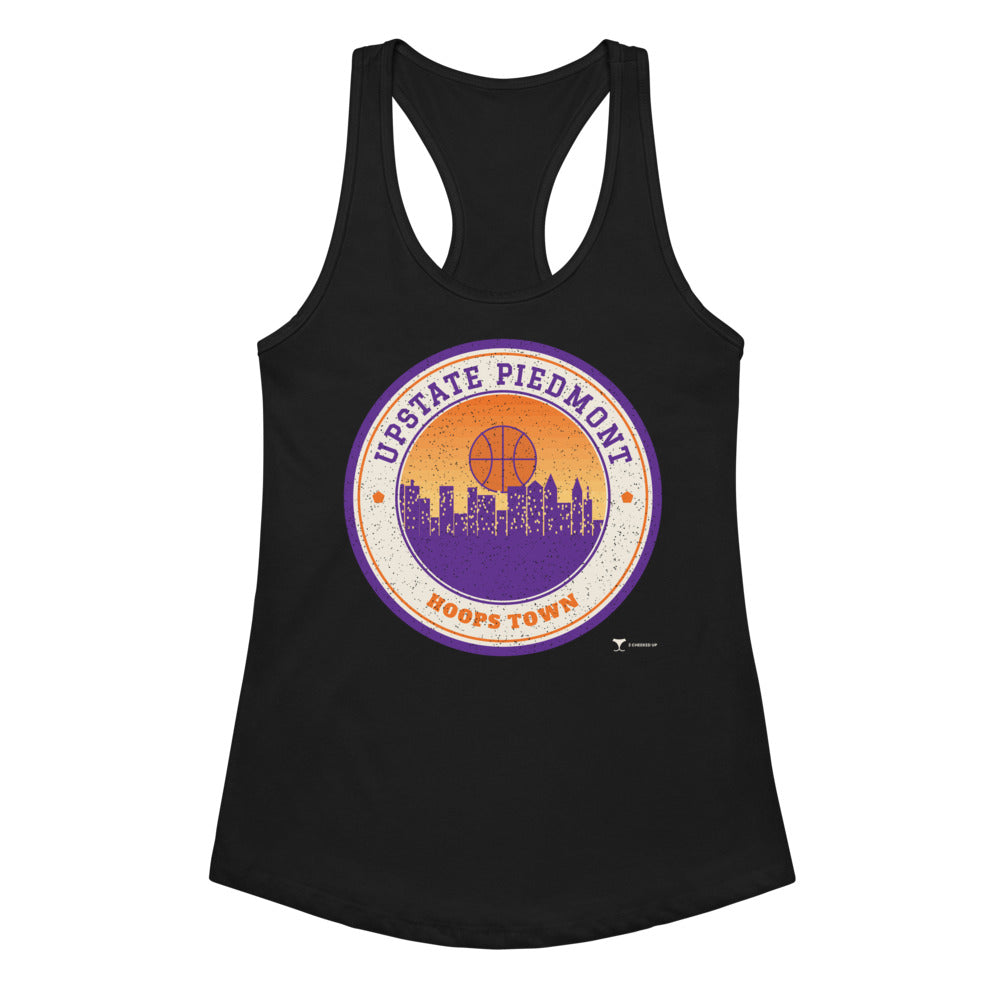 Women's Upstate Piedmont Hoops Town Racerback Tank in black, design printed on the front, front view