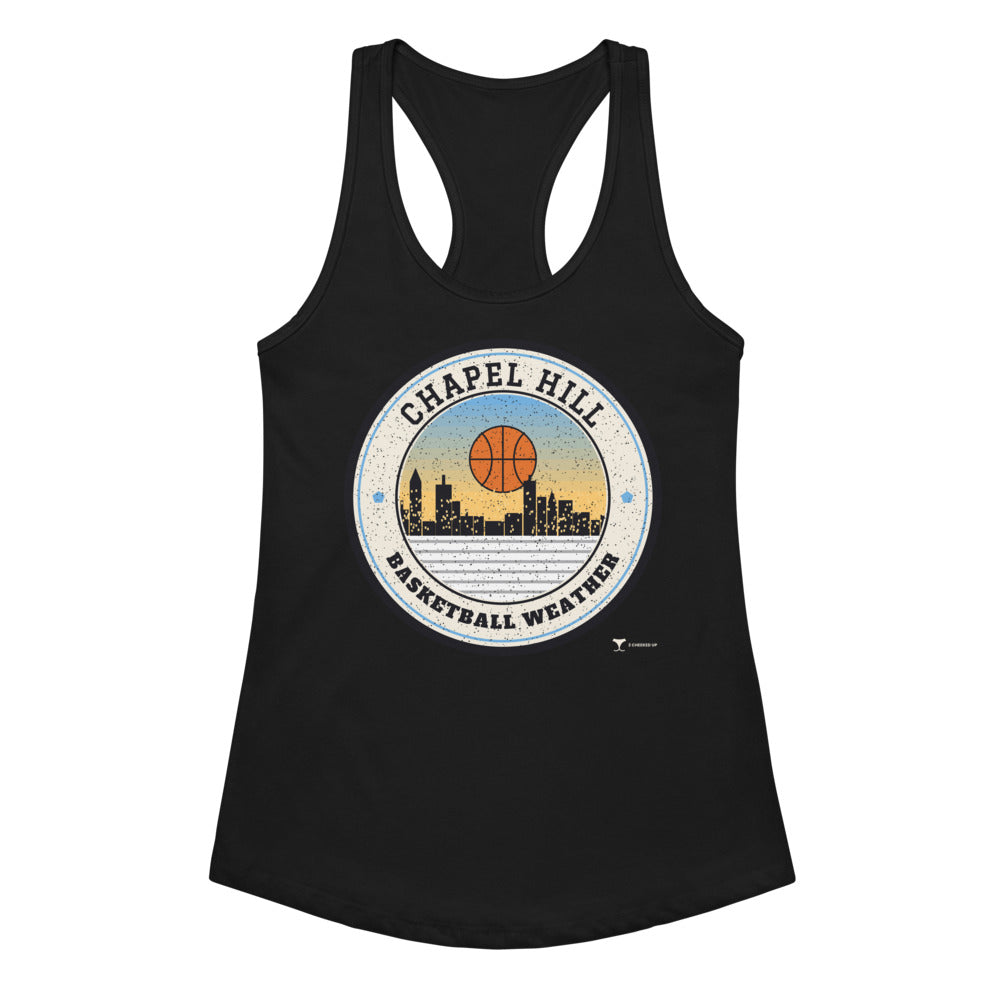 Women's Chapel Hill Basketball Weather Racerback Tank in black, design printed on the front, front view