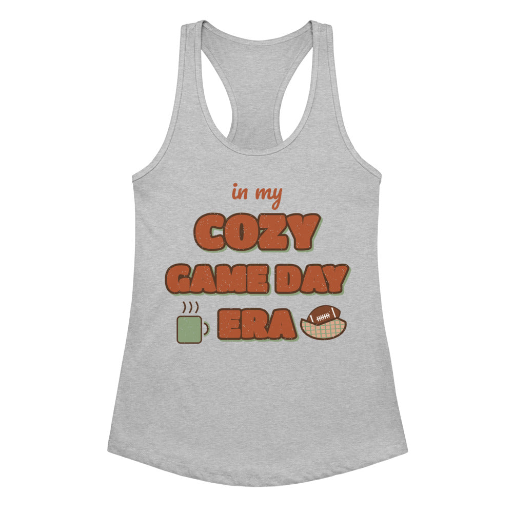 Women's In My Cozy Game Day Era Racerback Tank in heather gray, front view