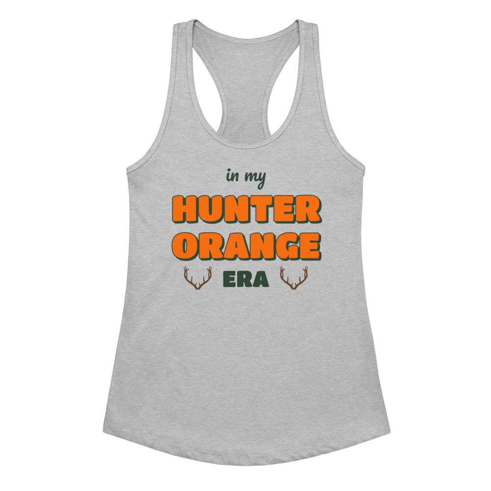 Women's In My Hunter Orange Era Racerback Tank in heather gray, design printed on the front, front view