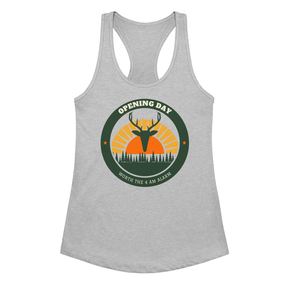 Women's Opening Day Sunrise Racerback Tank in heather gray, design printed on the front, front view