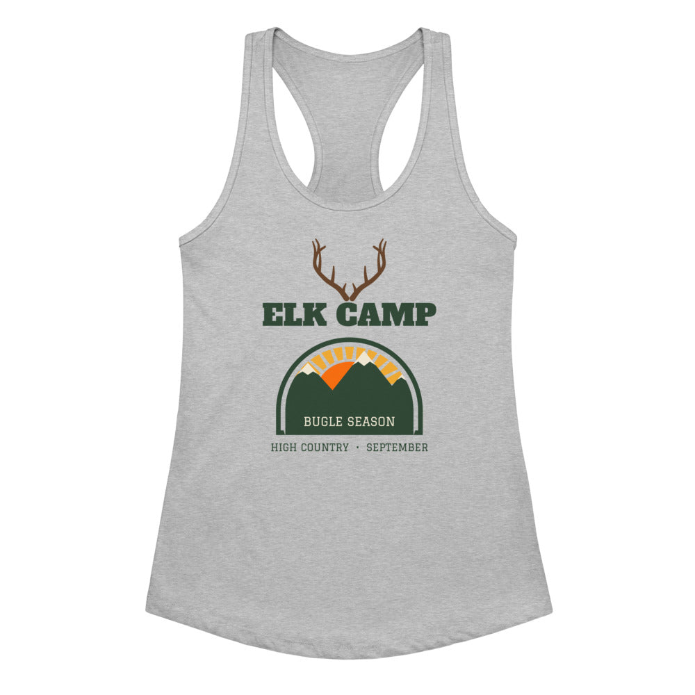 Women's Elk Camp Bugle Season Racerback Tank in heather gray, design printed on the front, front view