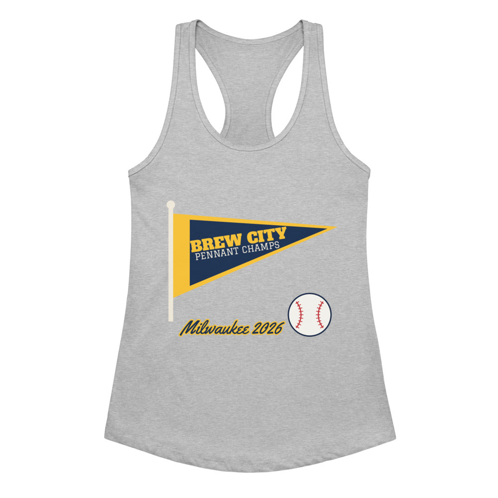 Women's Brew City Pennant 2026 Racerback Tank in heather gray, design printed on the front, front view