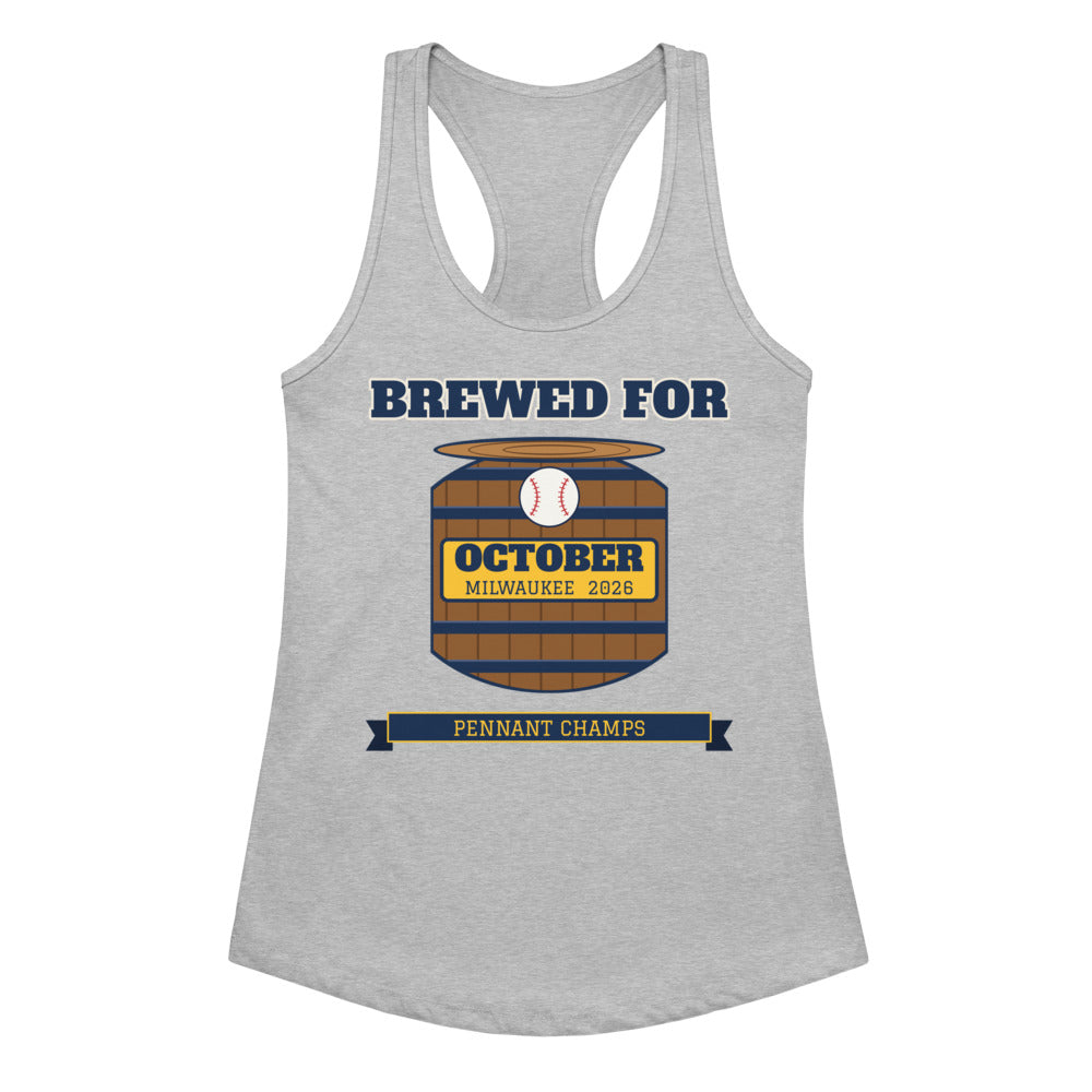 Women's Brewed for October Milwaukee 2026 Racerback Tank in heather gray, design printed on the front, front view