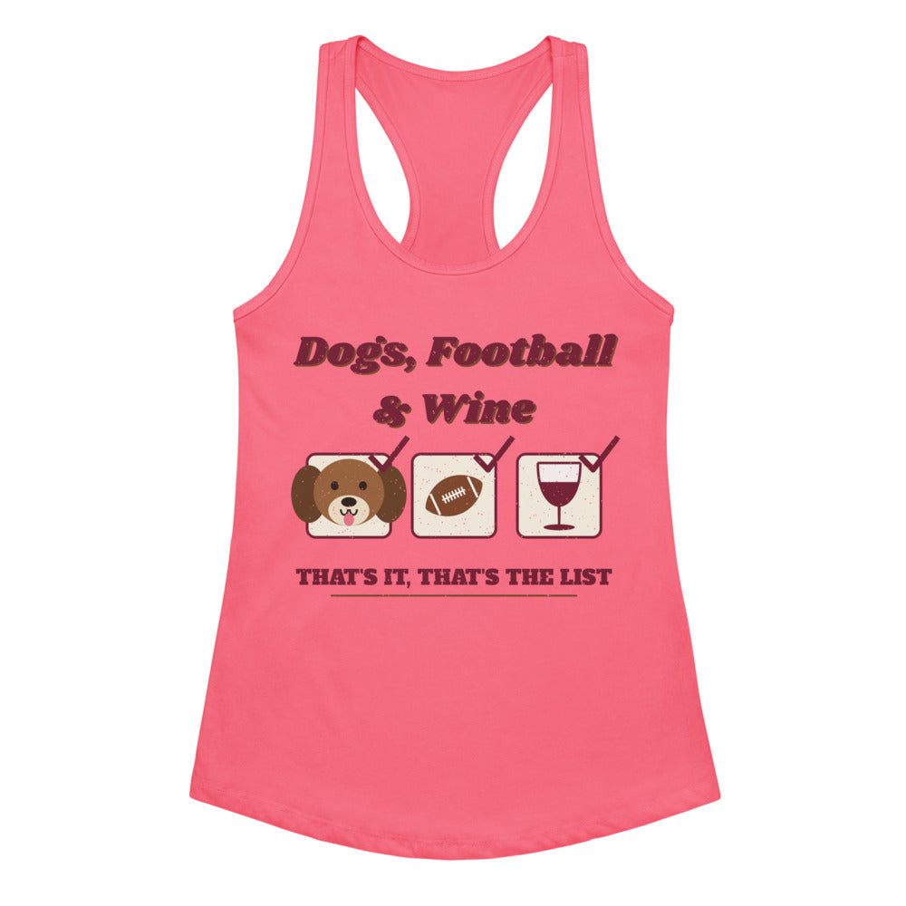 Women's Dog Mom Football & Wine List Racerback Tank in hot pink, front view