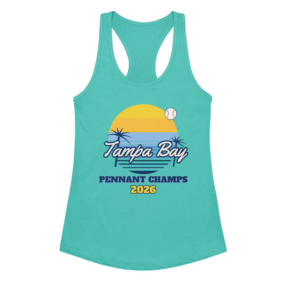 Women's Tampa Bay Sunset Champs 2026 Racerback Tank in tahiti blue, design printed on the front, front view