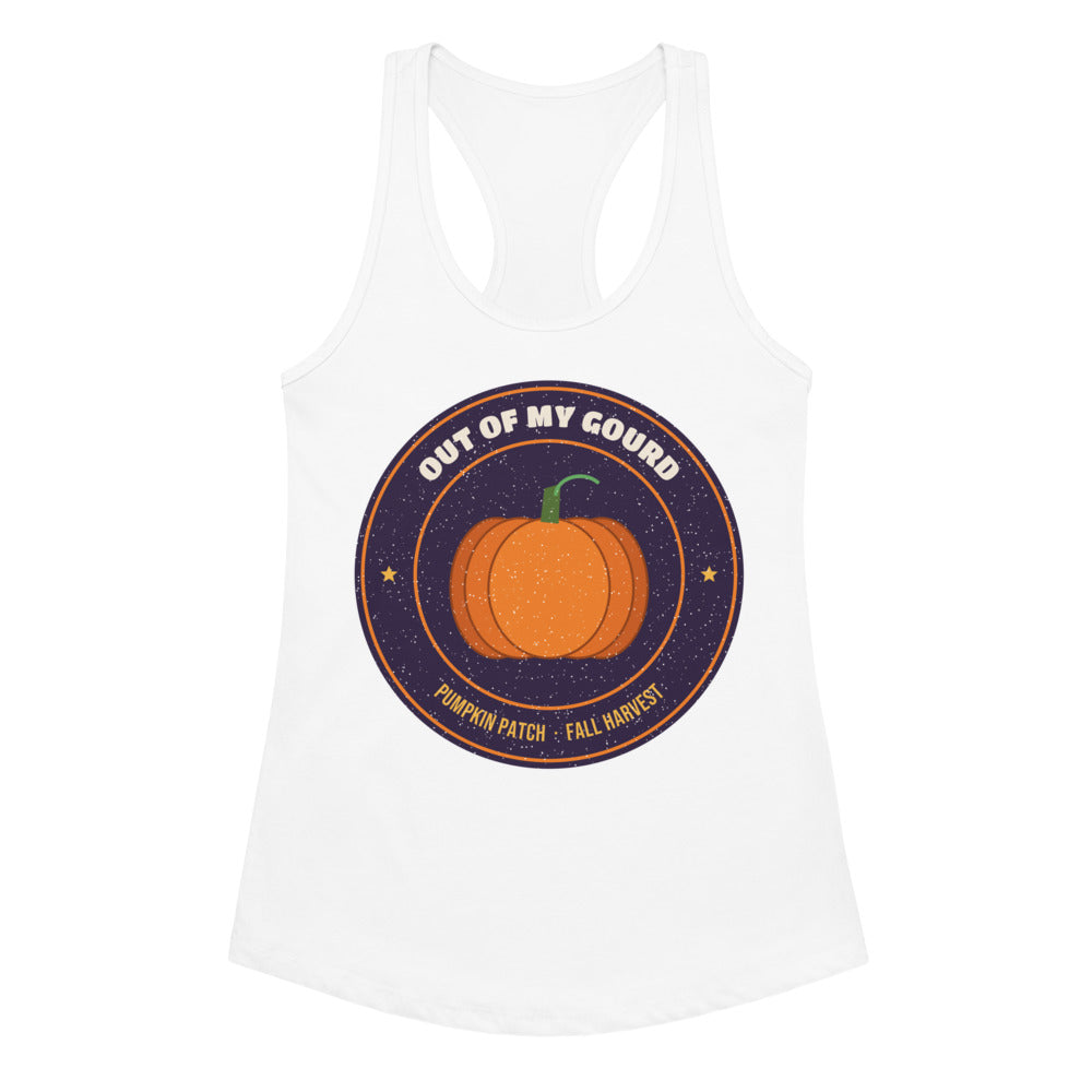 Women's Out of My Gourd Racerback Tank in white, design printed on the front, front view