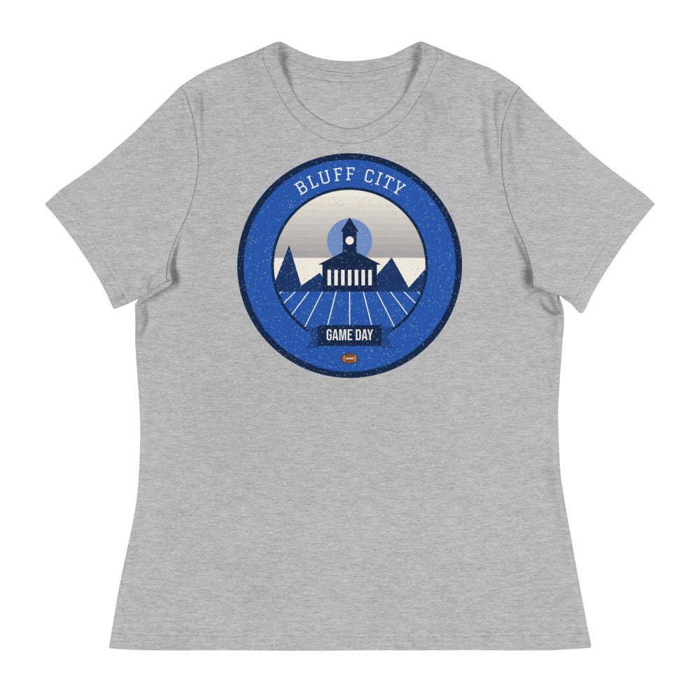 Women's Blue & Gray Bluff City Game Day Tee in athletic heather, front
