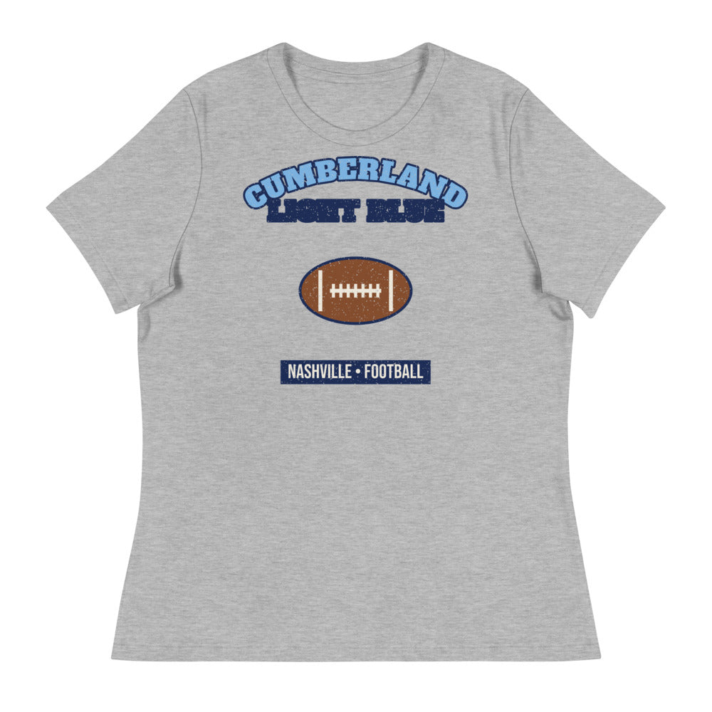 Women's Cumberland Light Blue Football Tee in athletic heather, front