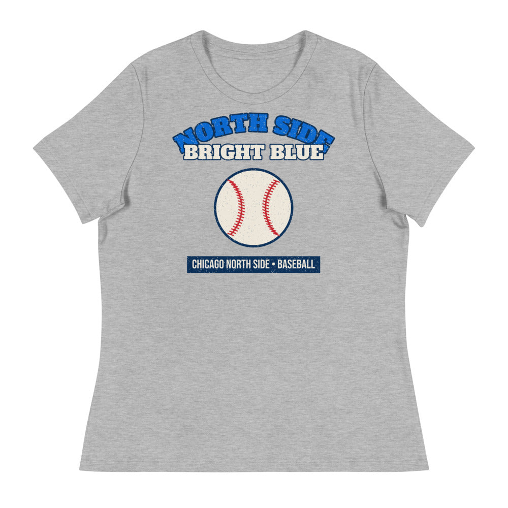 Women's North Side Bright Blue Baseball Tee in athletic heather, front