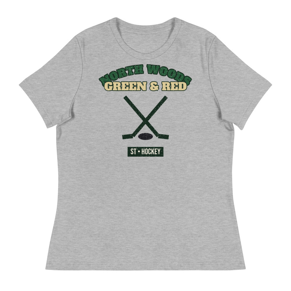 Women's North Woods Green & Red Hockey Tee in athletic heather, front