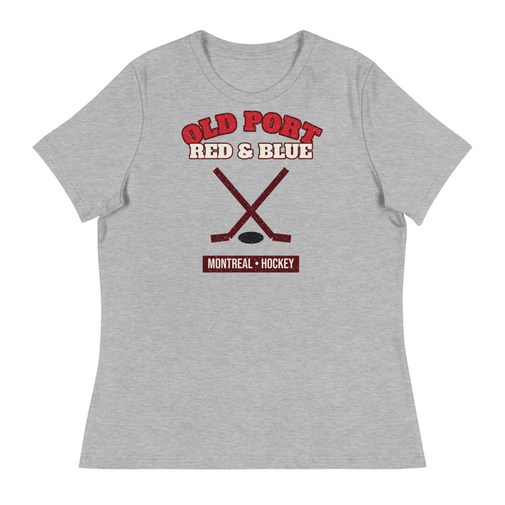 Women's Old Port Red & Blue Hockey Tee in athletic heather, front