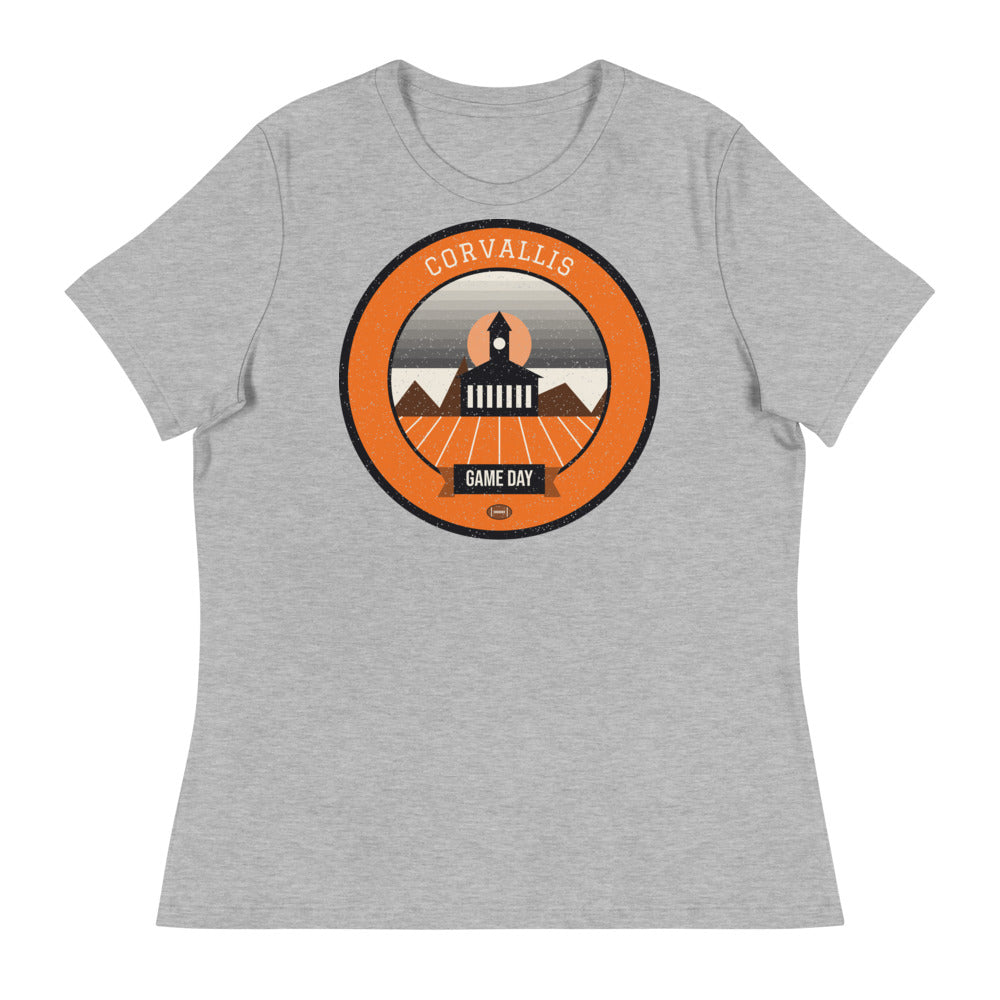 Women's Orange & Black Covered Bridge Game Day Tee in athletic heather, front