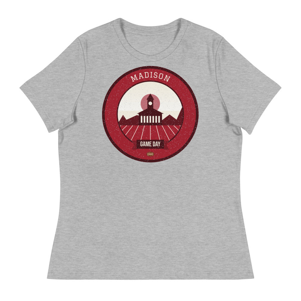Women's Red & White Isthmus Game Day Tee in athletic heather, front