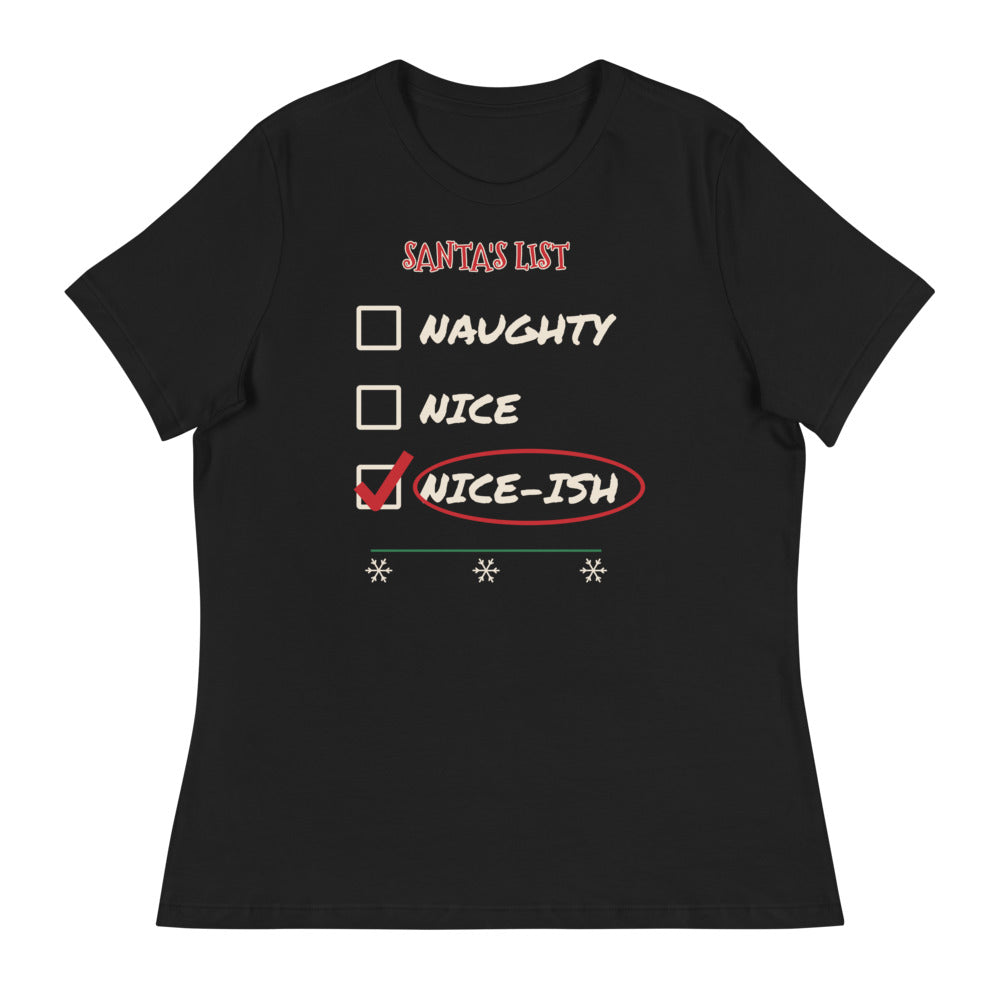 Women's Nice-ish Relaxed Tee in black, design printed on the front, front view